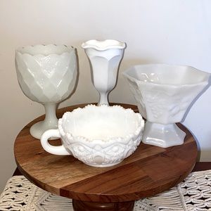 Lot of 4 pieces of vintage white milk glass wedding decor used condition